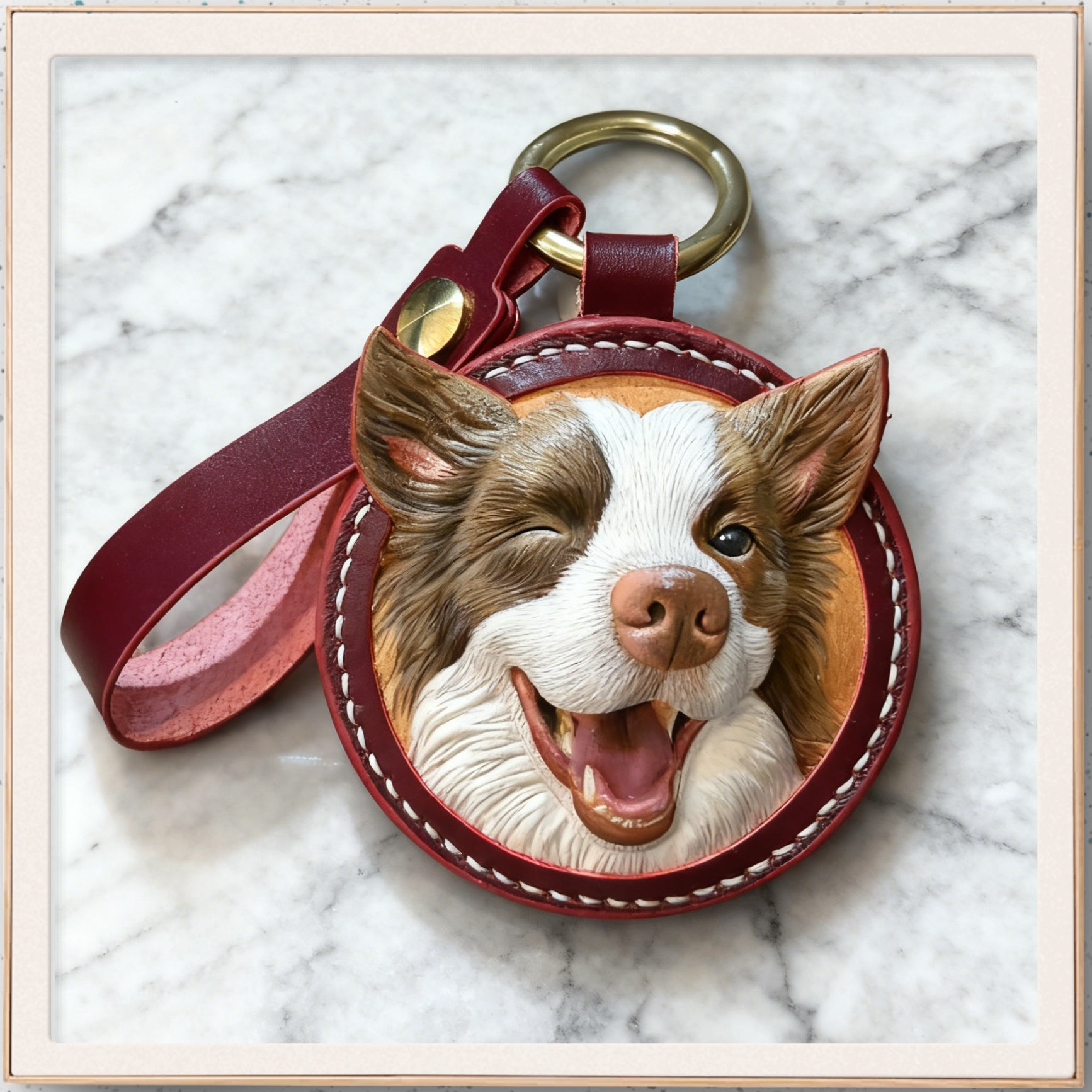 Custom hand-carved leather dog portrait keychain by Furry Tales