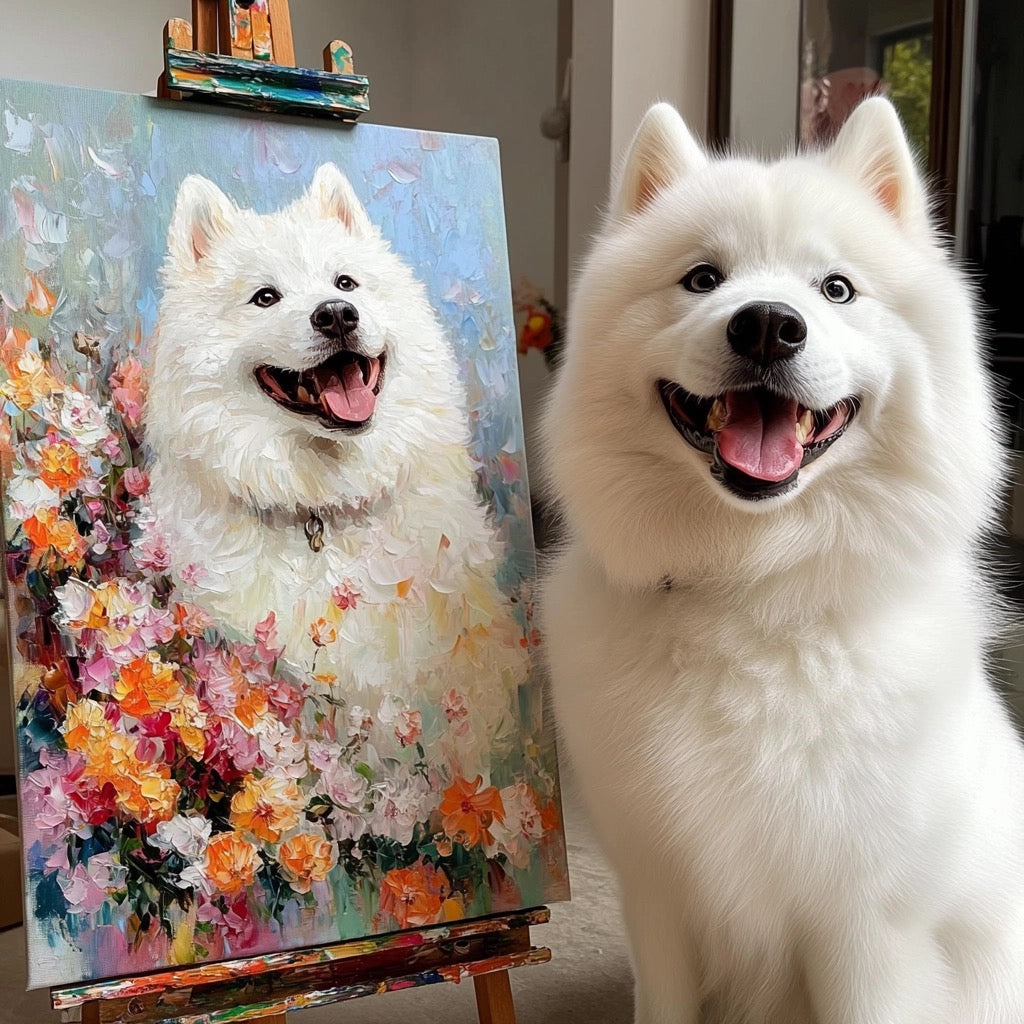 Custom dog painting portrait - side-by-side with the real pet, showcasing the artwork's accuracy by Furry Tales.