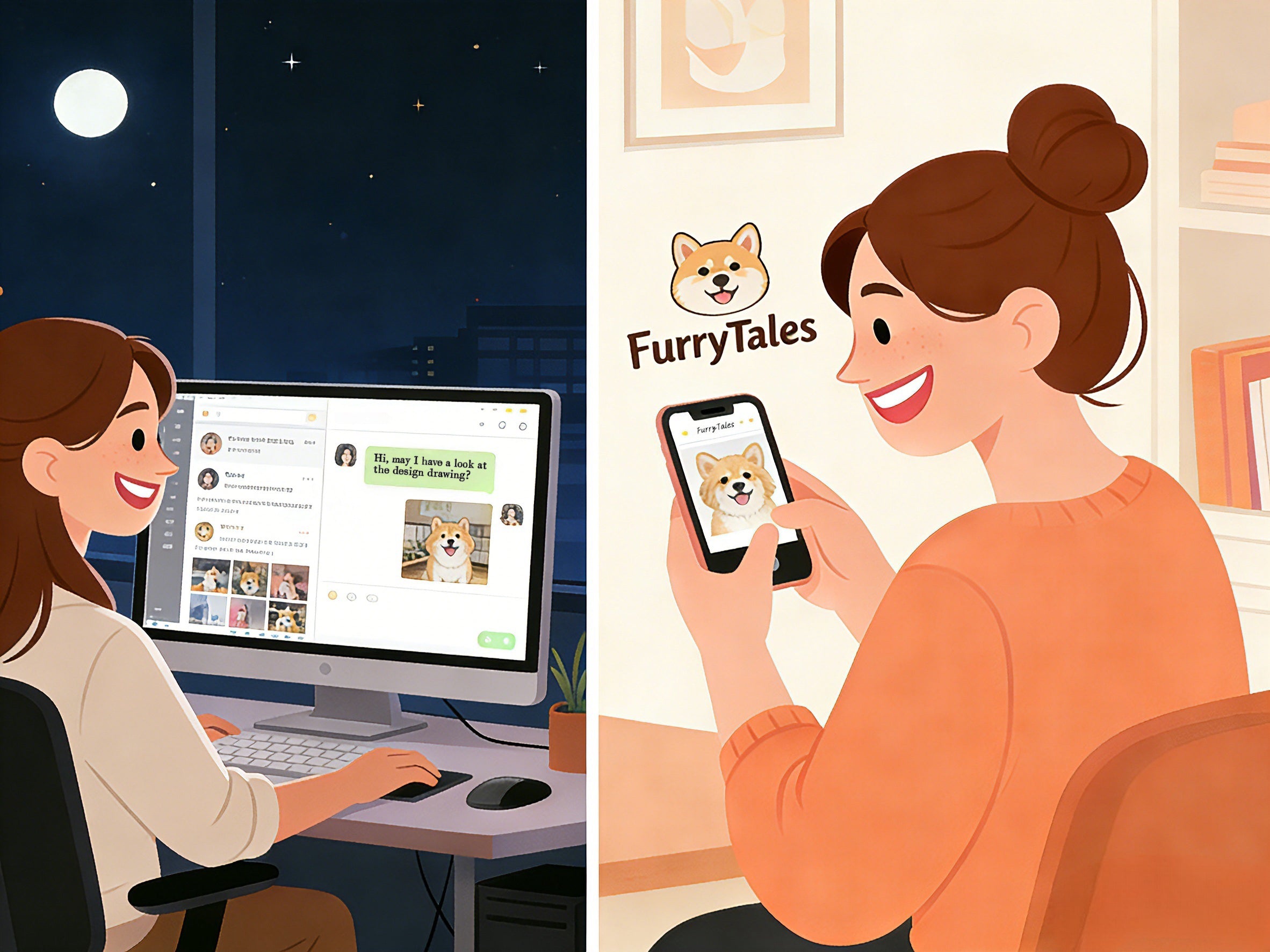 A Furry Tales artist reviewing a pet photo and crafting a custom design for client approval.